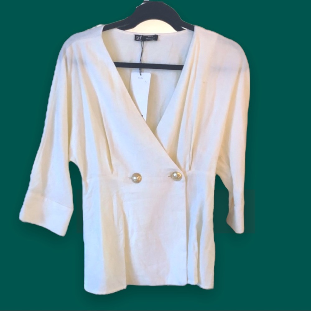 New ZARA desert linen off white top with gold